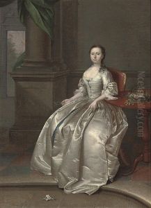 Portrait Of A Lady In A White Dress, Beside A Table With A Basket Of Flowers, A Sprig Of Orange Blossom In Her Right Hand
