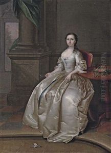 Portrait Of A Lady Seated In A White Dress, Beside A Table With A Basket Of Flowers, A Sprig Of Orange Blossom In Her Right Hand, In An Interior