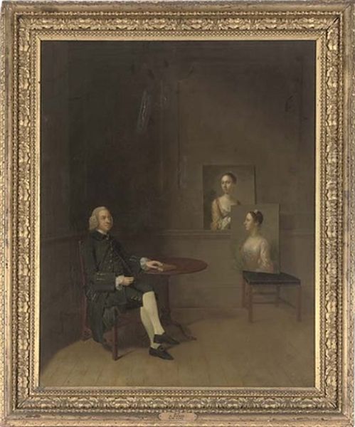 Portrait Of A Gentleman Seated At A Table In An Interior With Two Female Portraits Resting On A Chair - view 1