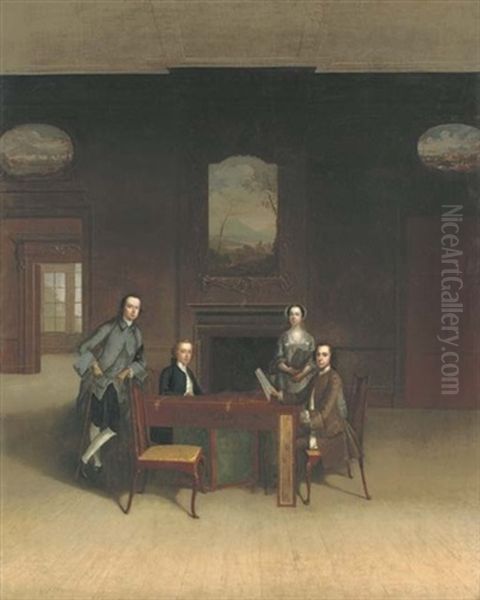 Group Portrait Of A Lady And Three Gentlemen Gathered Around A Harpsichord, In An Interior - view 1
