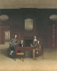 Group Portrait Of A Lady And Three Gentlemen Gathered Around A Harpsichord, In An Interior