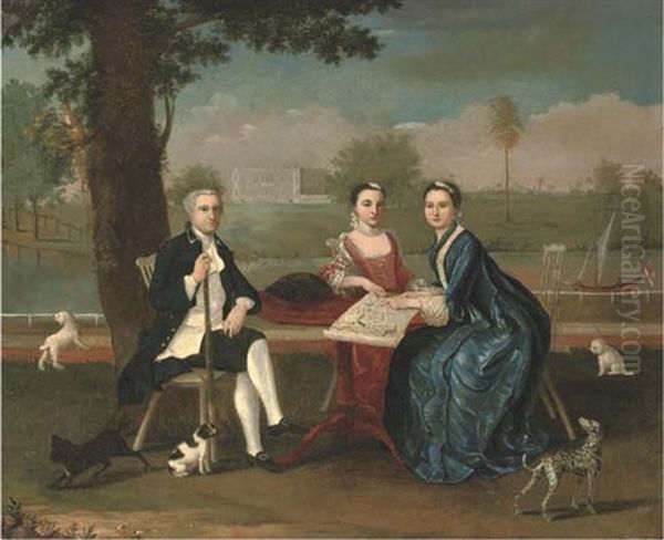 Group Portrait Of A Naval Officer And Two Ladies, Small Full-length, Seated In A Garden, Looking At A Plan Of A Fortification, A River And House Beyond - view 1