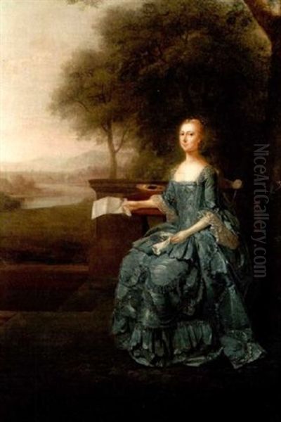 Portrait Of Anne Streatfeild, Nee Sidney, Natural Daughter Of The 7th Earl Of Leicester And Wife Of Henry Streatfeild, In A Blue Silk Dress With White Lace Sleeves, On A Terrace, Holding A Letter - view 1