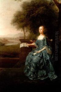 Portrait Of Anne Streatfeild, Nee Sidney, Natural Daughter Of The 7th Earl Of Leicester And Wife Of Henry Streatfeild, In A Blue Silk Dress With White Lace Sleeves, On A Terrace, Holding A Letter
