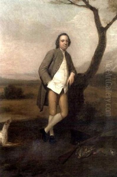 Portrait Of Henry Streatfeild Of Chiddingstone In A Mushroom-coloured Coat, White Waistcoat And Buff Breeches, Leaning On A Tree In A Landscape, With His Hat, Gun And Dog At His Feet - view 1