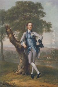 Portrait Of Thomas Bateman Lane In A Grey Suit With A Blue Waistcoat, Holding A Tricorn In His Left Hand, Leaning On A Tree Stump, In A River Landscape With The Sea Beyond by Arthur Devis