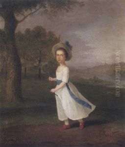 Portrait Of A Young Girl In An Extensive Landscape Wearing A White Dress With Blue Sash And Red Shoes by Arthur Devis