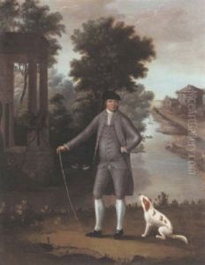 Portrait Of A Gentleman Standing By A River, Wearing A Grey Suit, His Dog By His Side