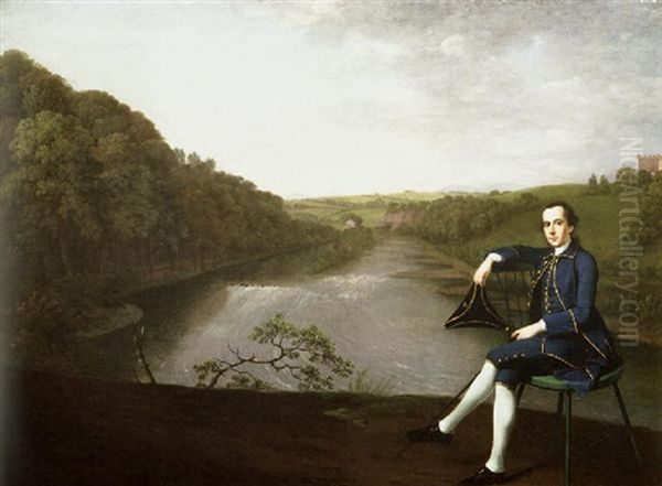 Portrait Of Philip Howard Of Corby Castle, Cumberland, In A Blue Coat, Holding A Tricorn Hat, On A Bank Above The River Eden - view 1