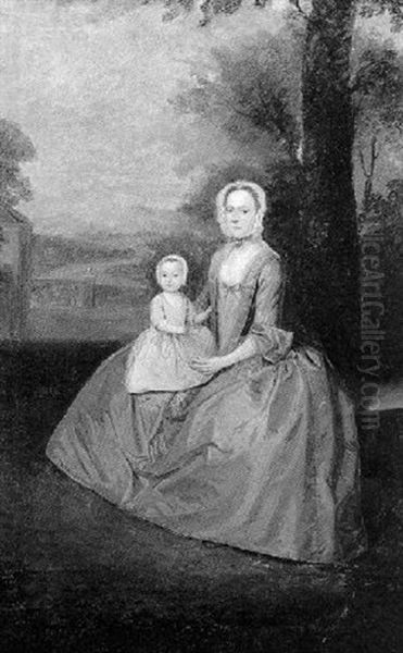 Portrait Of A Lady Seated In A Landscape Wearing A Blue Dress With A Child On Her Lap - view 1