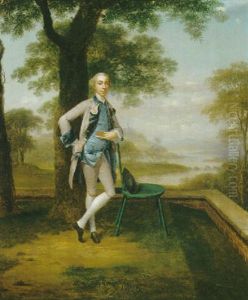 Portrait Of A Gentleman, Full Length, Standing On A Terrace, Wearing A Grey Suit And Blue Waistcoat, A River Landscape Beyond