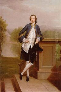 Portrait Of Richard Bull Leaning On A Balustrade With A Formal Graden And Rotunda Beyond