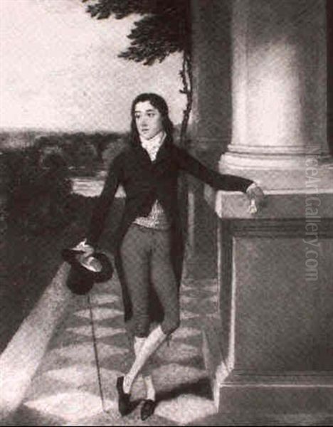 Portrait Of A Gentleman, Standing Full Length On A Terrace In Breeches And A Brown Coat, A Lake Landscape Beyond - view 1