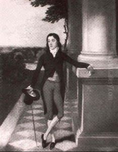 Portrait Of A Gentleman, Standing Full Length On A Terrace  In Breeches And A Brown Coat, A Lake Landscape Beyond