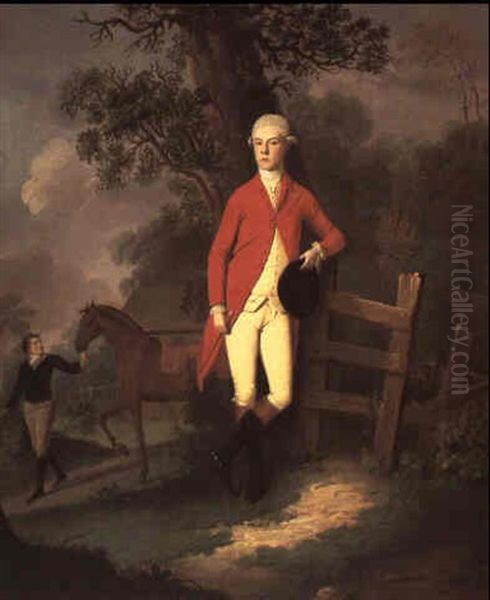 Master Ashton, His Bay Horse And Groom In The Background - view 1