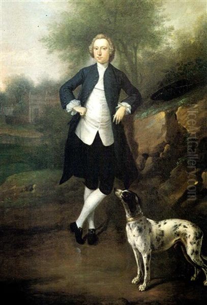 Portrait Of Richard Bodicott, Wearing A Blue Coat, With A Setter By His Side - view 1