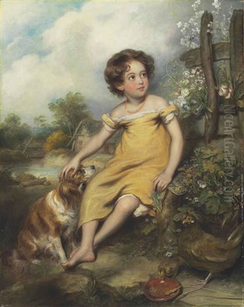 Portrait Of Miss Jemima Whiting, Full-length, Seated, In A Yellow Dress With A Spaniel - view 1