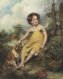 Portrait Of Miss Jemima Whiting, Full-length, Seated, In A Yellow Dress With A Spaniel