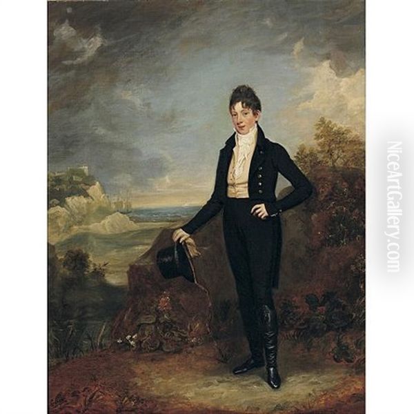 Portrait Of A Gentleman Holding A Hat In His Hand, A Beach Beyond - view 1