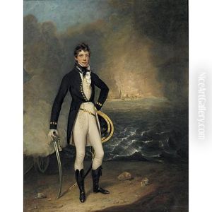 Portrait Of A Naval Officer Leaning On A Sword, A Naval Skirmisch Beyond