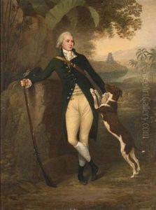 Portrait Of A Gentleman, Standing Small-full-length, In A Green Coat With Cream Breeches His Hand Resting On A Rifle, A Spaniel At His Side, A View To A Gopuram Of A Southern Indian Temple Beyond