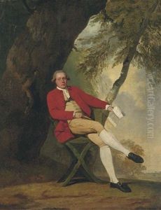 Portrait Of Squire Austin, Seated Full-length, In A Red Coat With A Yellow Waistcoat And Breeches, Holding A Book In His Left Hand, Beneath A Tree In A Landscape