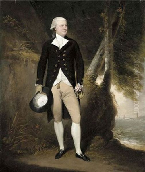 Portrait Of A Gentleman In A Brown Coat, Holding A Hat In His Right Hand And A Cane In His Left, By A Tree, A Coastal Landscape With A Lighthouse Beyond - view 1