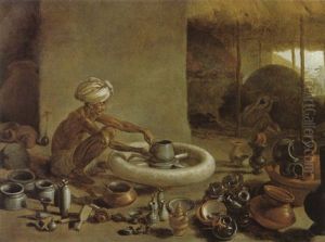 The Pottery: A Koonar Or Bungalee Potter Finishes A Vessel On His Wheel, Nearby Are The Rude Instruments Of Fabrication. by Arthur William Devis