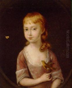 Portrait Of A Young Girl In A Pink Dress, A Finch Perched On Her Right Hand