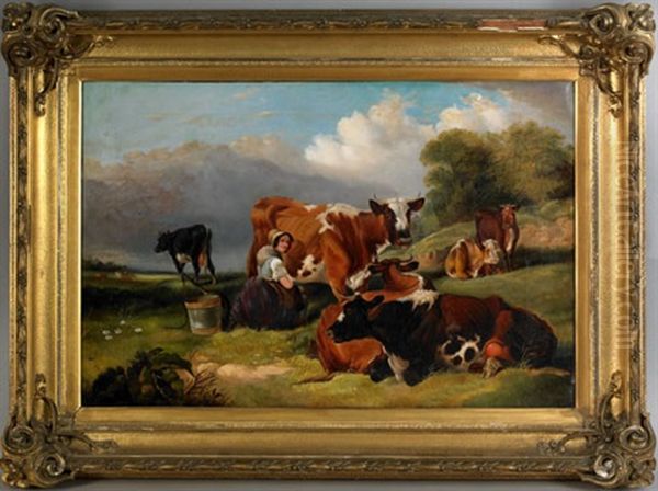 Pastoral Landscape With A Young Woman Milking A Cow - view 1