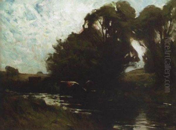 Cattle Watering In A Summer Landscape - view 1