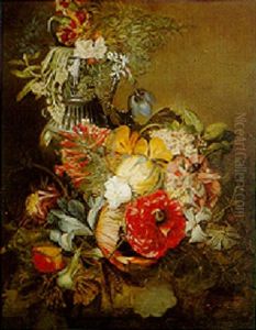 Fruit And Floral Still Life On Carved Table by William Dexter