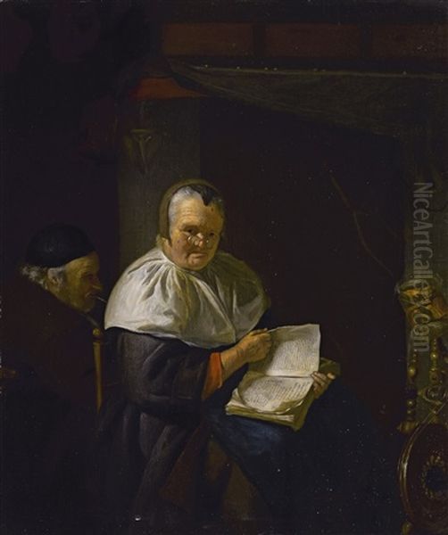 Interior With A Woman Reading By A Spinning Wheel, And A Man Smoking - view 1
