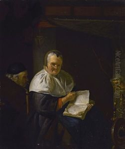 Interior With A Woman Reading By A Spinning Wheel, And A Man Smoking by Anthony van Deyl