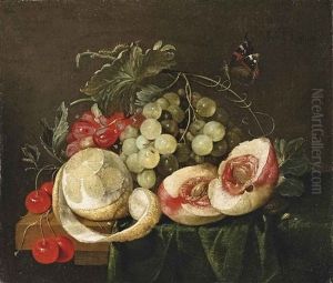 A Peeled Lemon, Open Peach, Grapes And Cherries, With A Butterfly, On A Partly-draped Table by Guilliam van Deynum