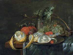 Stilleben Mit Austern, Trauben Und Einer Geschalten Zitrone by Guilliam van Deynum