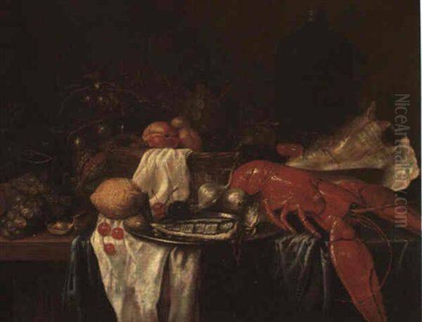 Still Life Of Fruit In A Basket With A Bottle, A Shell, Fish And Onions On A Plate, And A Lobster... - view 1
