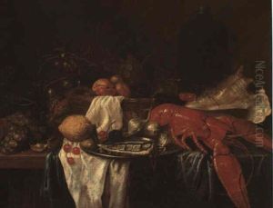 Still Life Of Fruit In A Basket With A Bottle, A Shell, Fish And Onions On A Plate, And A Lobster... by Guilliam van Deynum