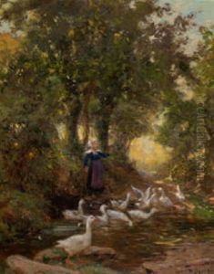 Waldlichtung Mit Teich Und Gansehirtin by Theophile-Louis Deyrolle