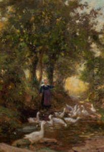 Waldlichtung Mit Teich, Bauerin Und Gansen by Theophile-Louis Deyrolle