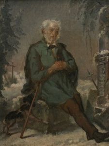 Alter Mann Mit Hund Auf Einem Friedhof Im Winter