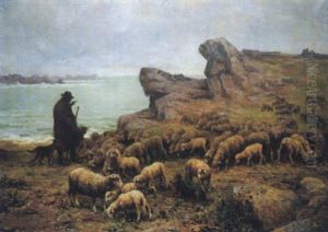 Berger Et Son Troupeau Devant La Mer by Theophile-Louis Deyrolle