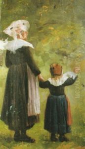 Jeune Femme Et Son Enfant En Costume De Pardon by Theophile-Louis Deyrolle