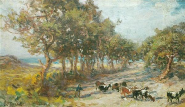 Bretonne Et Ses Chevres Au Bord De La Mer - view 1