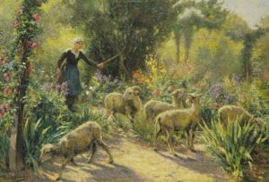 Bauerin Mit Schafen Im Blumengarten by Theophile-Louis Deyrolle