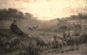 Bergere Et Ses Moutons by Theophile-Louis Deyrolle