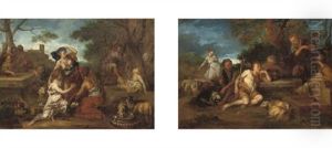 Moses Attacking The Shepherds (+ Moses With The Daughters Of Jethro; Pair) by Lodewyck de Deyster