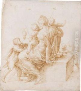 Female Allegorical Figure Surrounded By Putti Bearing Symbols Of Ecclesiastic Virtues by Alessandro Ardente