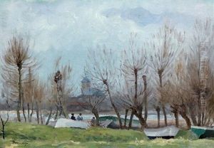 Barques Et Personnages Devant La Riviere En Hiver Barques Et Personnages Devant La Riviere En Hiver