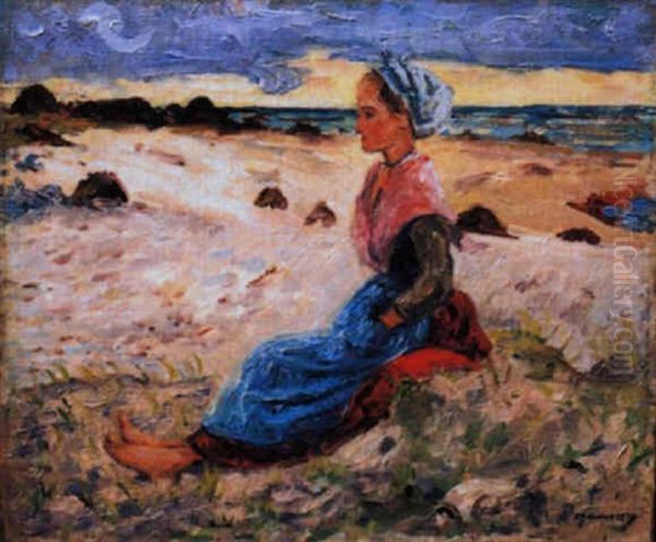 Jeune Bretonne Assise Pres Du Rivage - view 1